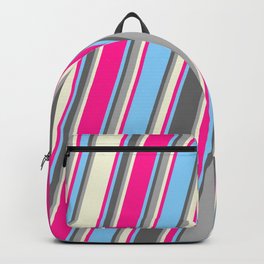 [ Thumbnail: Colorful Light Sky Blue, Dim Grey, Dark Grey, Beige, and Deep Pink Colored Pattern of Stripes Backpack ]