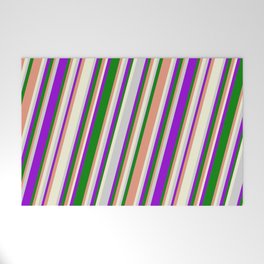 [ Thumbnail: Vibrant Dark Violet, Green, Dark Salmon, Beige, and Light Gray Colored Stripes/Lines Pattern Welcome Mat ]