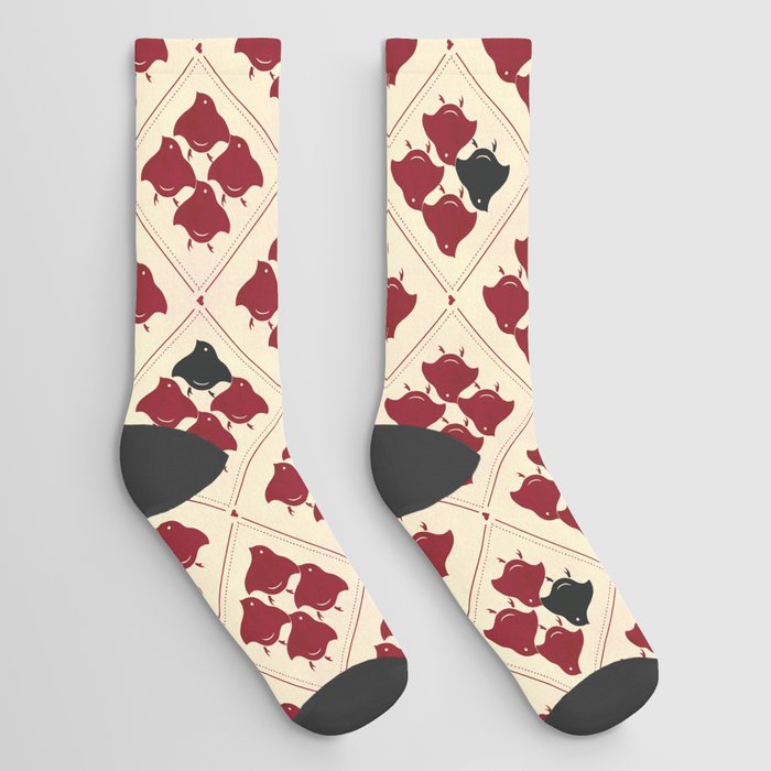 Japanese Traditional Red Chick Pattern in Light Yellow Background, Digital Illustration Socks