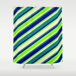 [ Thumbnail: Dark Blue, Chartreuse, Beige, and Teal Colored Stripes/Lines Pattern Shower Curtain ]