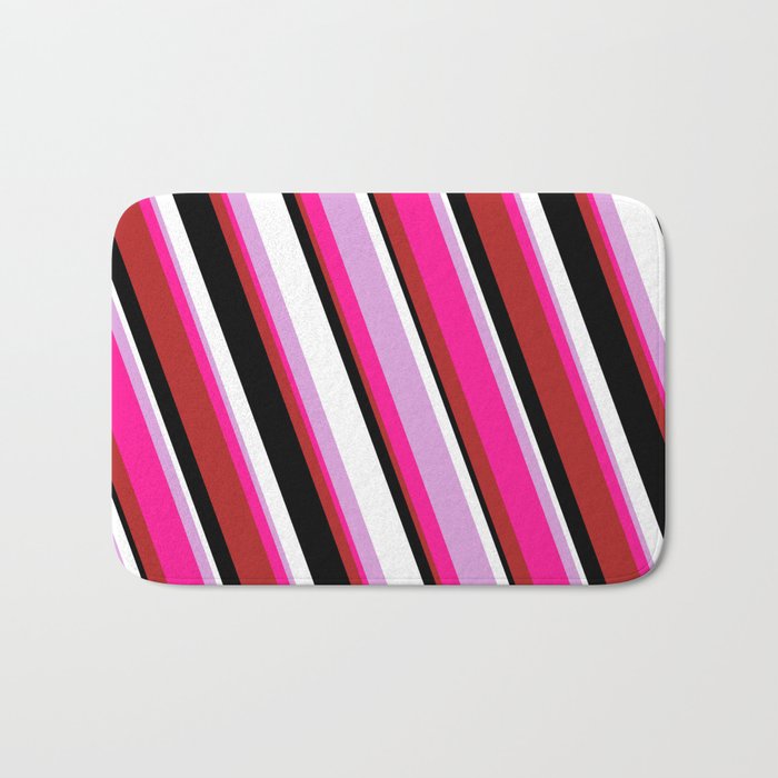 Eyecatching Plum, Deep Pink, Red, Black & White Colored Lined/Striped Pattern Bath Mat