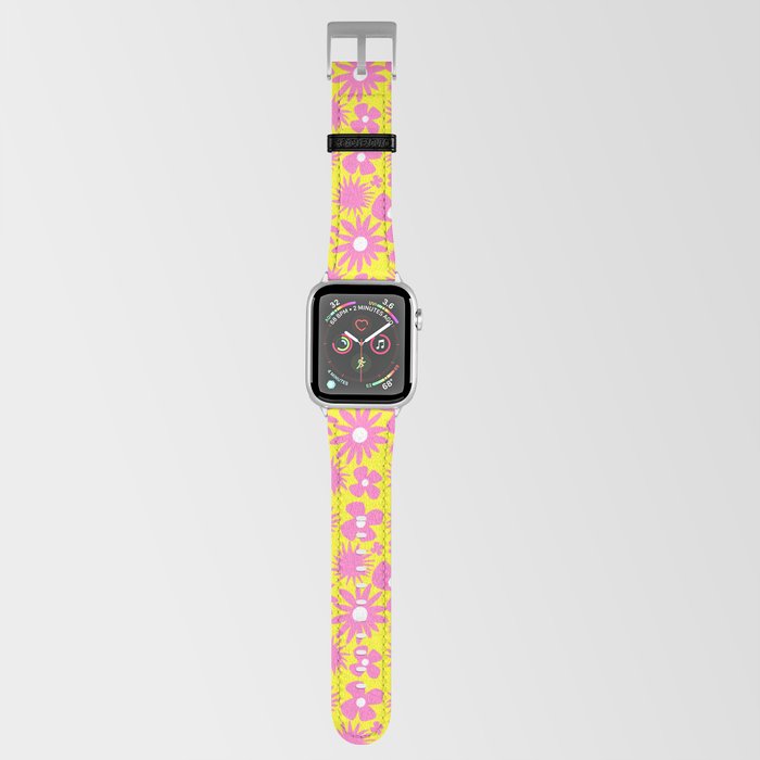 Cheerful Retro Pop Art Flowers Pink and Yellow Apple Watch Band