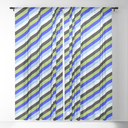 [ Thumbnail: Eyecatching Blue, Light Sky Blue, White, Black, and Green Colored Lined Pattern Sheer Curtain ]