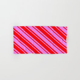 [ Thumbnail: Violet & Red Colored Striped/Lined Pattern Hand & Bath Towel ]