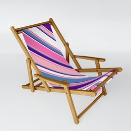 [ Thumbnail: Colorful Hot Pink, Light Pink, Blue, Indigo & White Colored Stripes Pattern Sling Chair ]