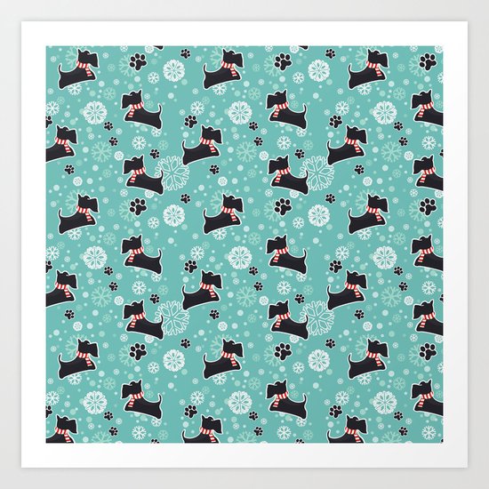 Snowy Scottie Dog Christmas Pattern Art Print