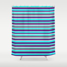 [ Thumbnail: Grey, Indigo, Light Gray, and Cyan Colored Striped Pattern Shower Curtain ]