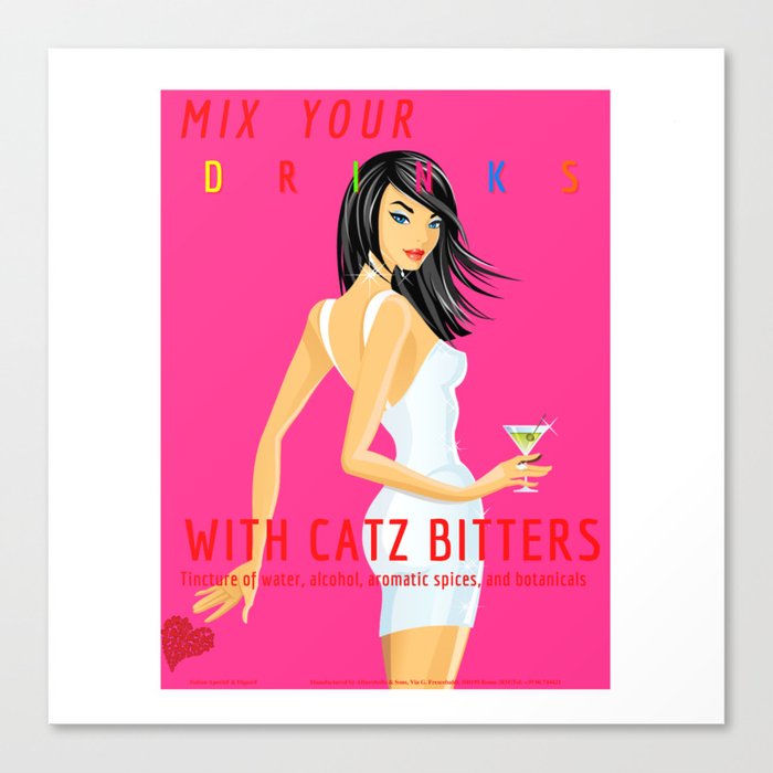 Square version of the Italian Apéritif Mix Your Drinks with Catz (Cats) Vermouth Bitters pink background & colored text vintage alcoholic beverage advertising poster / posters Canvas Print