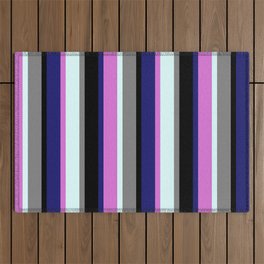 [ Thumbnail: Eye-catching Midnight Blue, Orchid, Light Cyan, Gray, and Black Colored Stripes/Lines Pattern Outdoor Rug ]