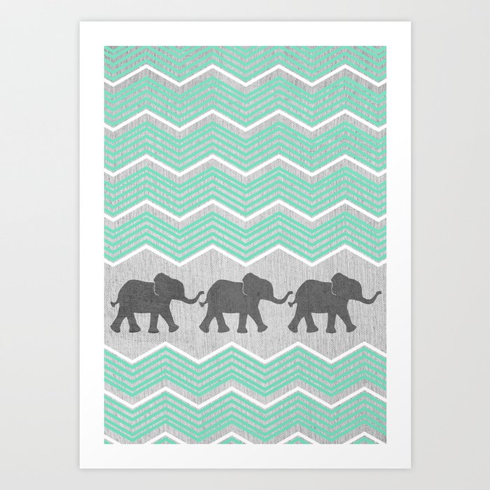 Three Elephants - Teal and White Chevron on Grey Art Print