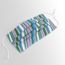 [ Thumbnail: Vibrant Sea Green, Violet, Dark Green, Blue, and White Colored Stripes/Lines Pattern Face Mask ]