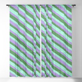 [ Thumbnail: Purple, Dark Green, and Aquamarine Colored Stripes/Lines Pattern Sheer Curtain ]
