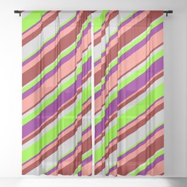 [ Thumbnail: Light Grey, Green, Purple, Salmon, and Dark Red Colored Striped Pattern Sheer Curtain ]