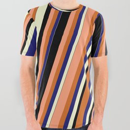 [ Thumbnail: Vibrant Light Salmon, Chocolate, Midnight Blue, Light Yellow, and Black Colored Stripes Pattern All Over Graphic Tee ]