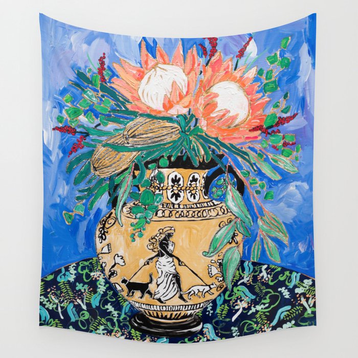 Cat Walk: Protea and Banksia Bouquet Floral Still Life with Greek Urn featuring Woman Walking Cats Wall Tapestry
