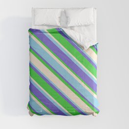 [ Thumbnail: Slate Blue, Lime Green, Beige & Sky Blue Colored Pattern of Stripes Comforter ]
