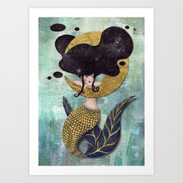 Space Mermaid Golden Moon Art Print