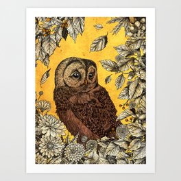 Tawny Owl Yellow Art Print