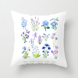 blue and purple flower collection watercolor Throw Pillow
