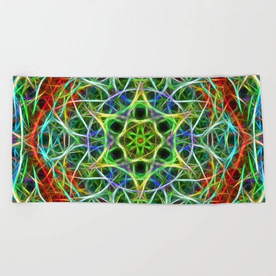 Feathered texture mandala in green and brown Beach Towel