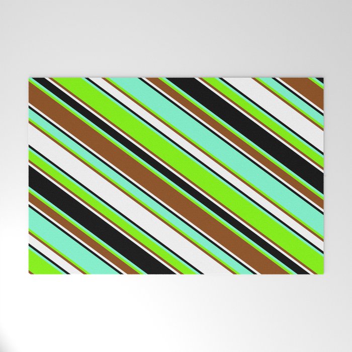 Aquamarine, Chartreuse, Brown, White, and Black Colored Striped/Lined Pattern Welcome Mat