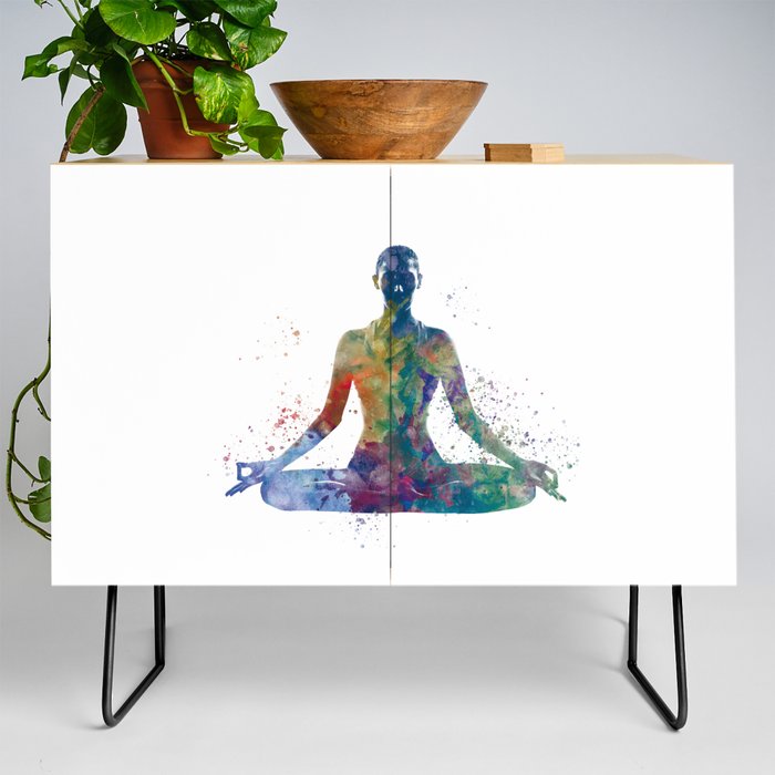 Woman practices yoga in watercolor Credenza