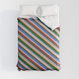[ Thumbnail: Vibrant Royal Blue, Tan, Light Grey, Brown & Dark Green Colored Striped Pattern Comforter ]