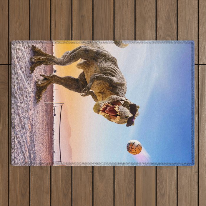 Funny T-Rex Dinosaur Playing Volleyball Outdoor Rug