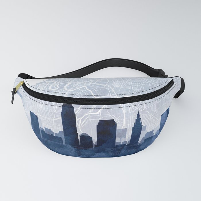 Cleveland Skyline & Map Watercolor Navy Blue, Print by Zouzounio Art Fanny Pack