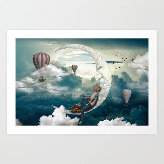 The boy and moon Art Print