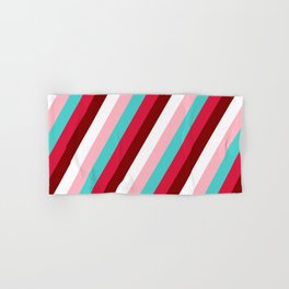 [ Thumbnail: Eye-catching Turquoise, Crimson, Maroon, White & Light Pink Colored Stripes/Lines Pattern Hand & Bath Towel ]