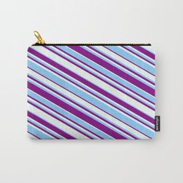 [ Thumbnail: Purple, Mint Cream, and Light Sky Blue Colored Lined/Striped Pattern Carry-All Pouch ]