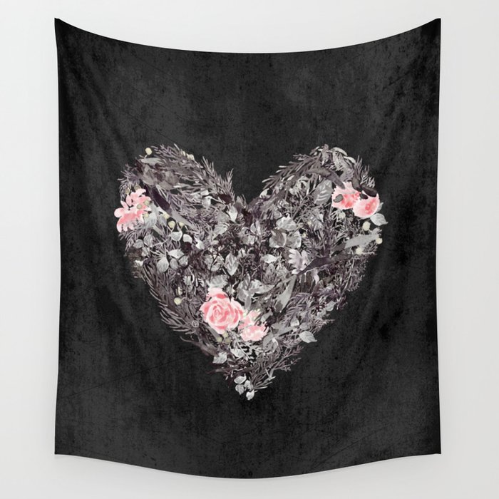 Botanical Heart - Black and White Wall Tapestry