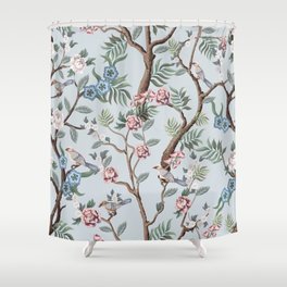 Seamless pattern in chinoiserie style with peonies trees and birds. Vintage,  Shower Curtain