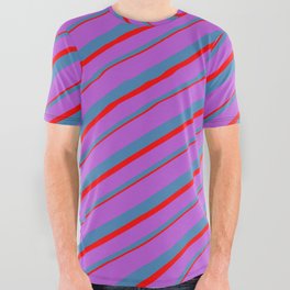 [ Thumbnail: Orchid, Blue, and Red Colored Lines/Stripes Pattern All Over Graphic Tee ]