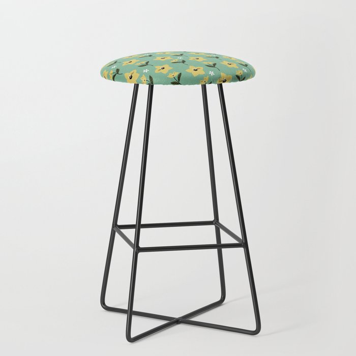 Mid century  Sea Green Floral Pattern Retro Flowers Pattern Vintage Yellow Floral Pattern Bar Stool