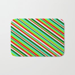 [ Thumbnail: Vibrant Turquoise, Green, Red, Lavender & Dark Green Colored Lined/Striped Pattern Bath Mat ]