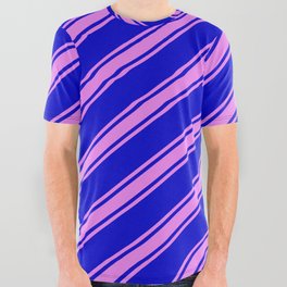 [ Thumbnail: Blue and Violet Colored Stripes/Lines Pattern All Over Graphic Tee ]