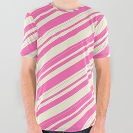 [ Thumbnail: Hot Pink & Beige Colored Lines Pattern All Over Graphic Tee ]