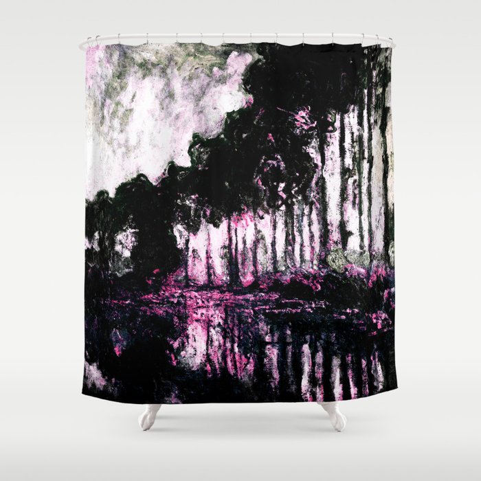 Monet Poplars on the Banks of the River Epte Pink Dark Shower Curtain