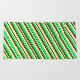 [ Thumbnail: Green, Brown & Beige Colored Lined/Striped Pattern Beach Towel ]