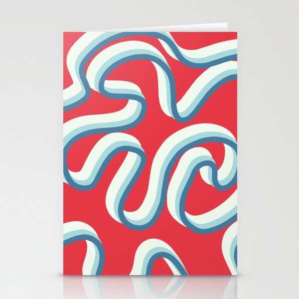 Ela - Blue Retro Line Swirl on Red   Stationery Cards