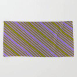 [ Thumbnail: Purple & Green Colored Lines/Stripes Pattern Beach Towel ]
