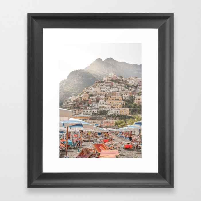 Positano Beach Umbrellas Photo | Amalfi Coast Village In Italy Art Print | Europe Summer Travel Photography Framed Art Print