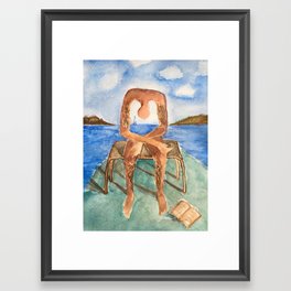spin-off art: melancholie sculpture with a dropped open book and sea view Framed Art Print