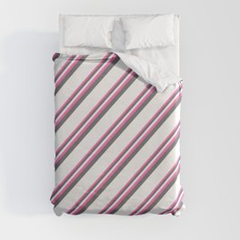 [ Thumbnail: Hot Pink, Dim Grey & White Colored Pattern of Stripes Duvet Cover ]