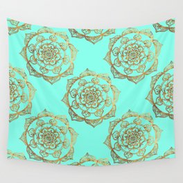 Golden Mandalas on Turquoise Wall Tapestry