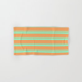 [ Thumbnail: Aquamarine and Brown Colored Lined Pattern Hand & Bath Towel ]