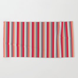 [ Thumbnail: Crimson, Gray, Light Grey, and Dark Salmon Colored Lines/Stripes Pattern Beach Towel ]