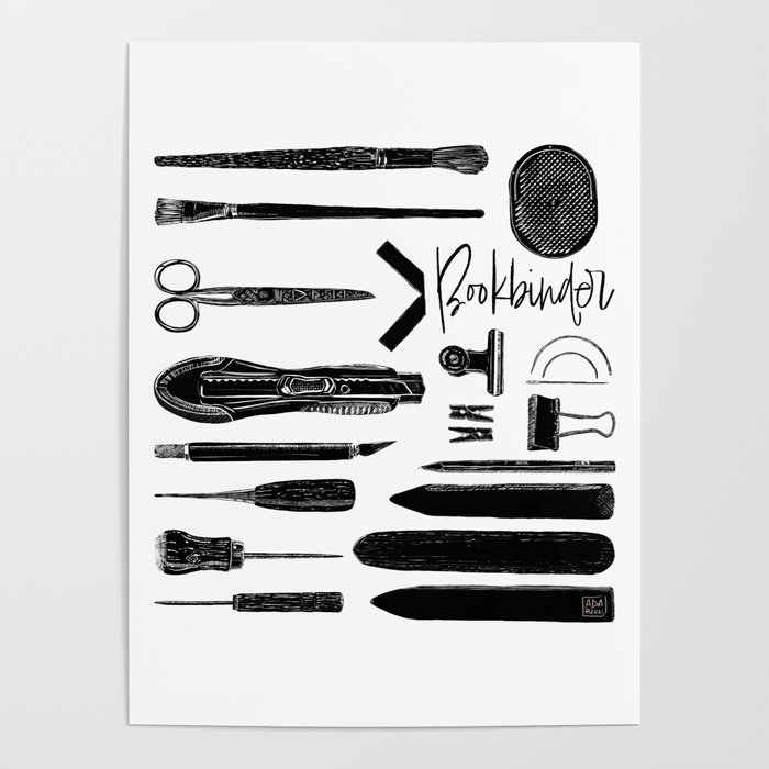 Bookbinder Tools Black & White Poster